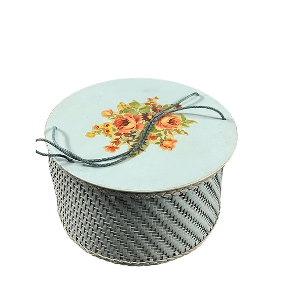 Other - Vintage Woven Round Storage Sewing Container Box Blue Floral Lid Rope Handles